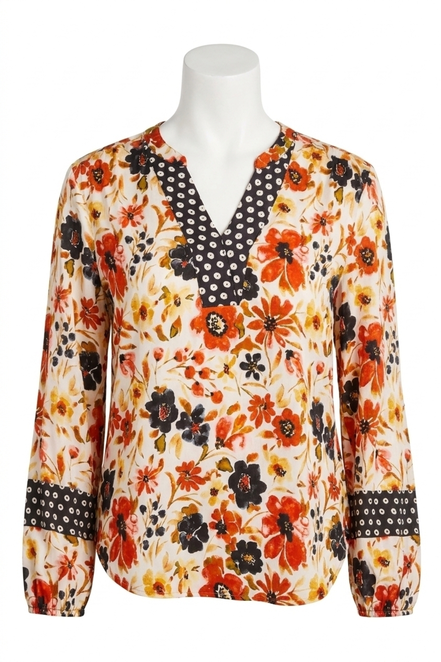 NEW TRIBAL placket v-neck blouse in dark desert